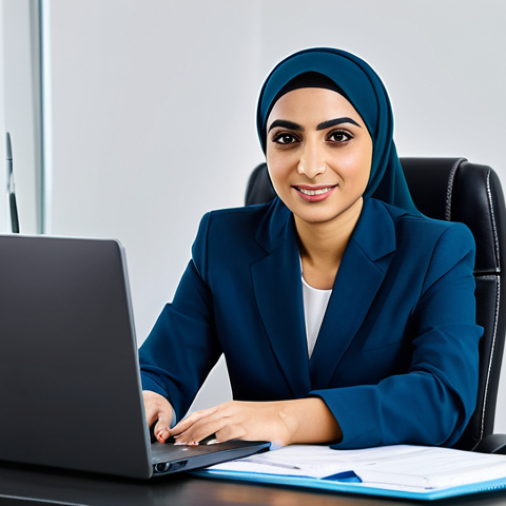 **

"A professional Arab businesswoman in a modest business suit, sitting at a desk in a modern office in Dubai, fully clothed, appropriate attire, safe for work, perfect anatomy, natural proportions, professional photography, high quality, family-friendly, showcasing modern office technology."

**