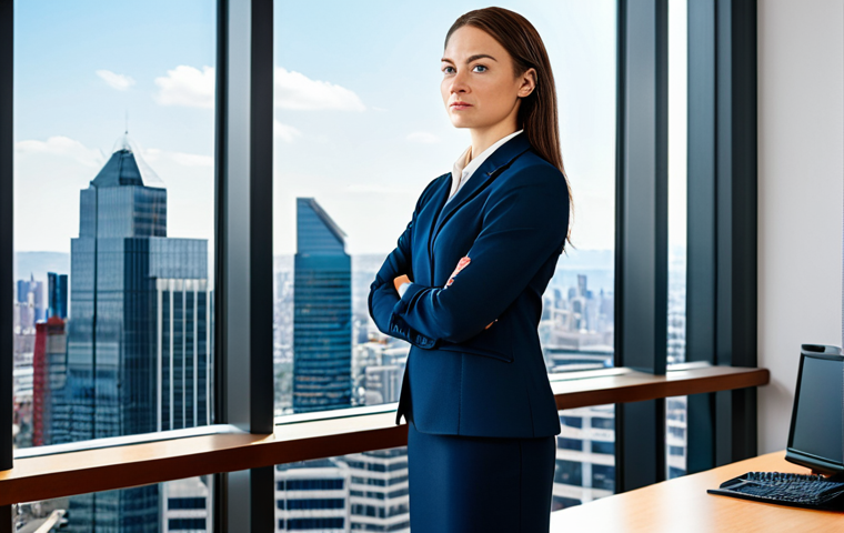 결과 중심 성과 관리의 선진 사례 분석 - **Professional Businesswoman:** A confident businesswoman in a tailored, modest business suit, stand...