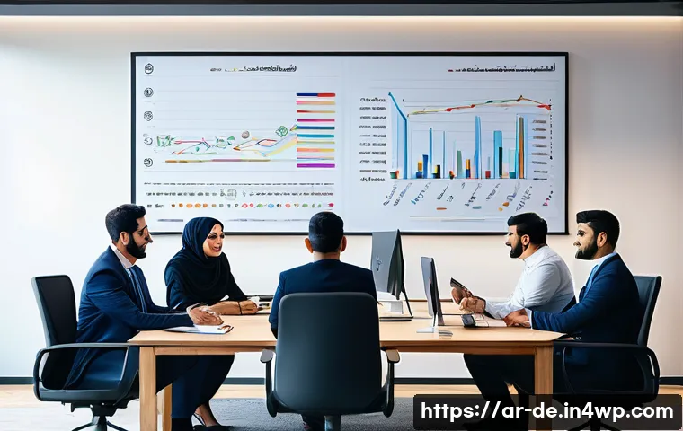 성과 관리와 사회적 책임의 연계 - A modern Arab office setting showing a diverse group of professional employees engaged in a continuo...