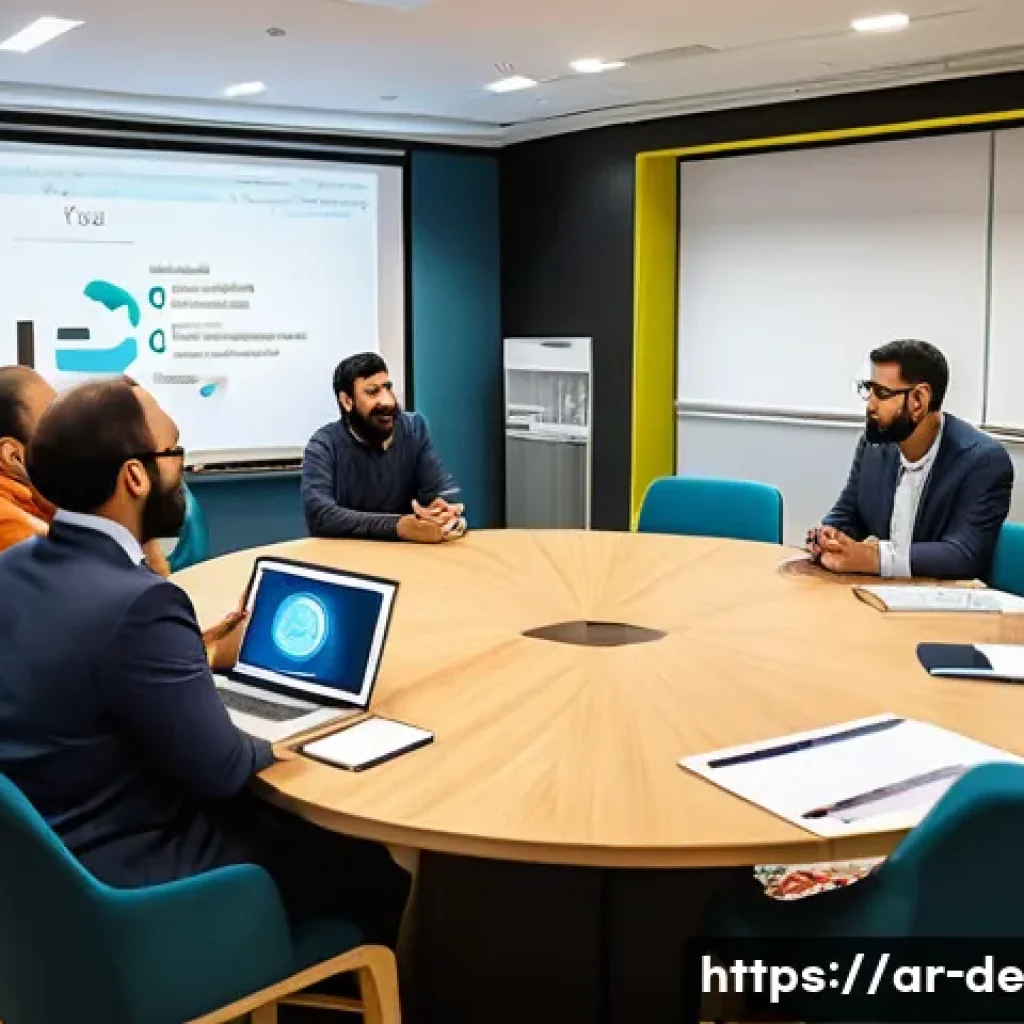 결과 중심 성과 관리의 효과적인 워크숍 진행 방법 - A modern, well-lit workshop room designed for an Arabic-speaking audience, featuring a circular seat...