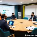 결과 중심 성과 관리의 효과적인 워크숍 진행 방법 - A modern, well-lit workshop room designed for an Arabic-speaking audience, featuring a circular seat...