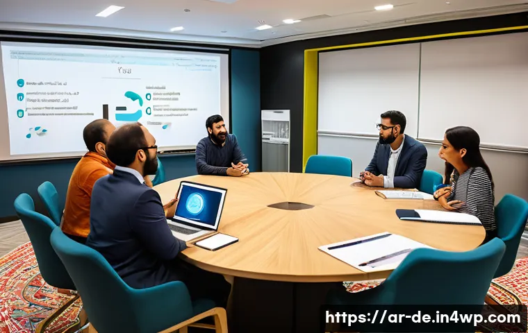 결과 중심 성과 관리의 효과적인 워크숍 진행 방법 - A modern, well-lit workshop room designed for an Arabic-speaking audience, featuring a circular seat...