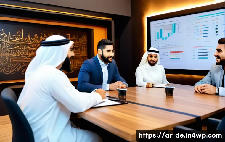 결과 중심 성과 관리의 성과 라이프 사이클 - A modern Arab office environment showcasing a diverse team of professional men and women engaged in ...