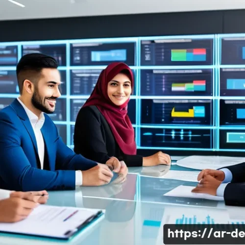 성과 관리의 고립된 시스템 극복하기 - A modern corporate office setting in the Middle East, showing a diverse team of Arab professionals c...
