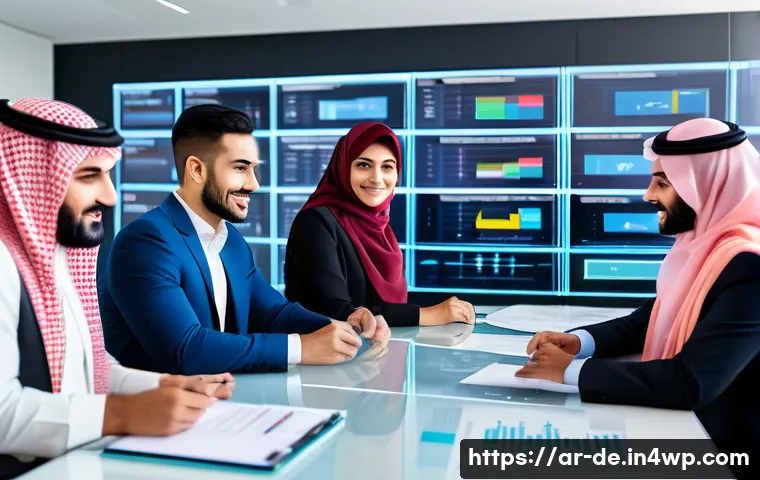 성과 관리의 고립된 시스템 극복하기 - A modern corporate office setting in the Middle East, showing a diverse team of Arab professionals c...
