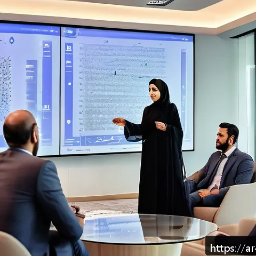 성과 관리의 전략적 접근법 - A modern Arabic office setting with a diverse group of professional men and women engaged in an open...