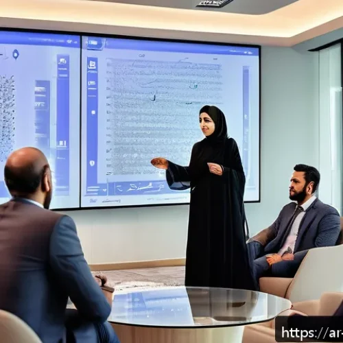 성과 관리의 전략적 접근법 - A modern Arabic office setting with a diverse group of professional men and women engaged in an open...
