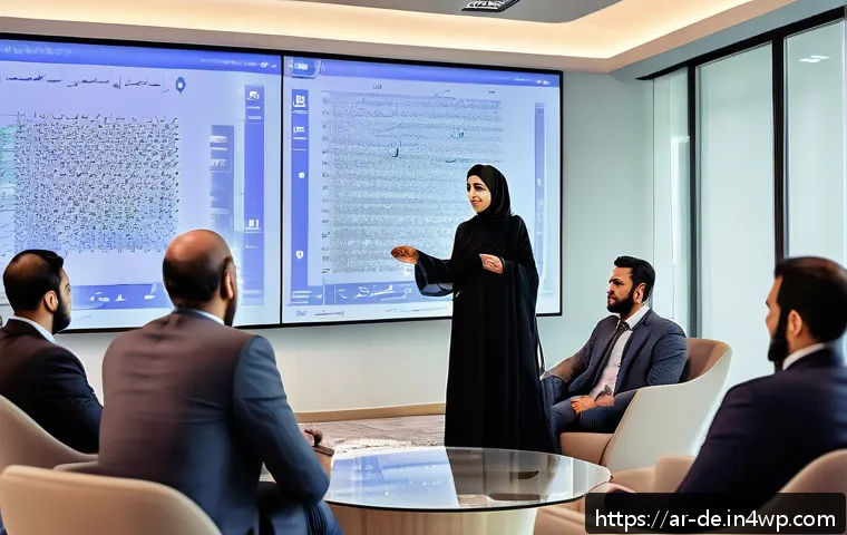 성과 관리의 전략적 접근법 - A modern Arabic office setting with a diverse group of professional men and women engaged in an open...