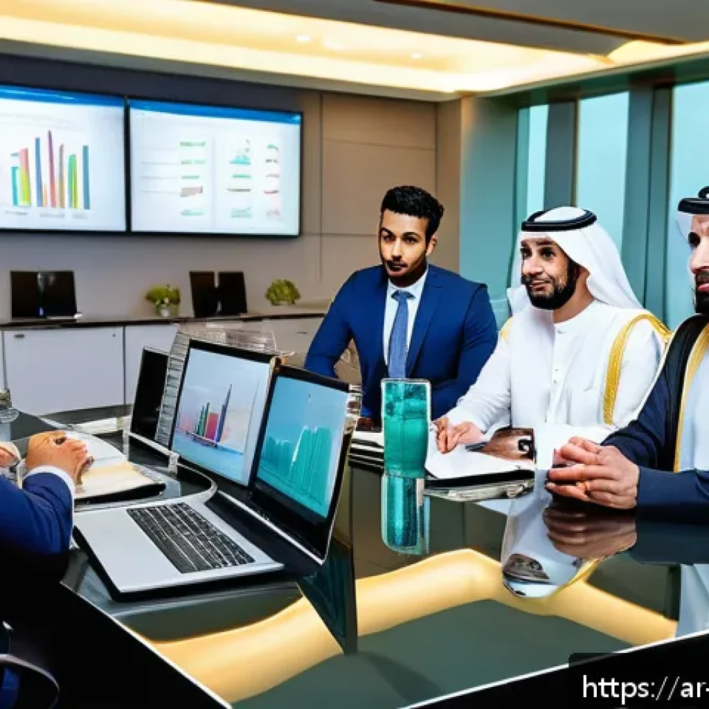 결과 중심 성과 관리의 목표 달성을 위한 전략 - A modern corporate office scene in Riyadh, featuring a diverse Arab team engaged in a results-driven...