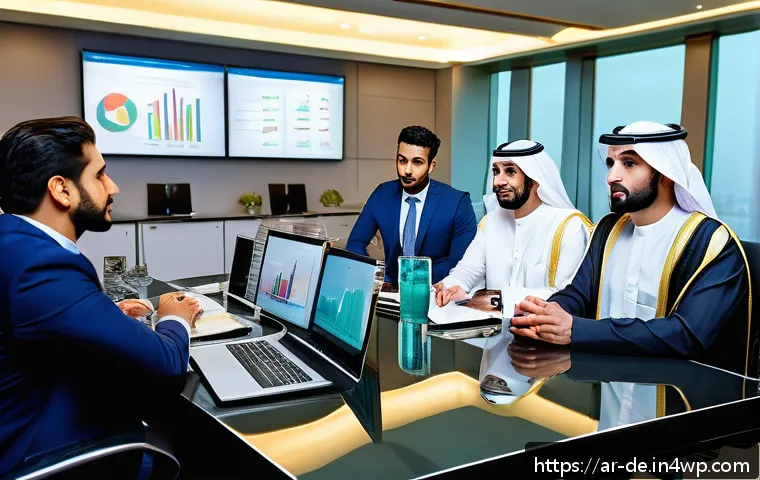 결과 중심 성과 관리의 목표 달성을 위한 전략 - A modern corporate office scene in Riyadh, featuring a diverse Arab team engaged in a results-driven...